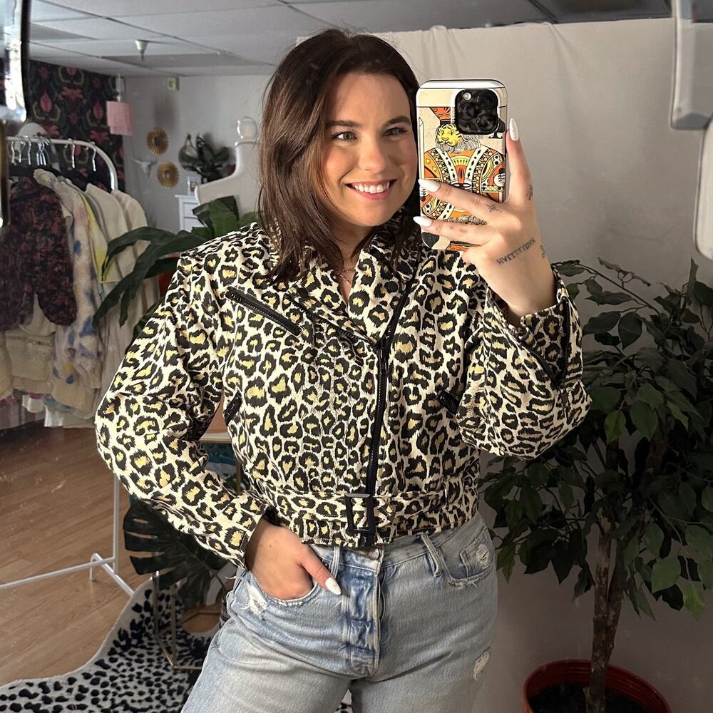Vintage Leopard Cheetah Print Zip Long Sleeve Cropped Moto Jacket